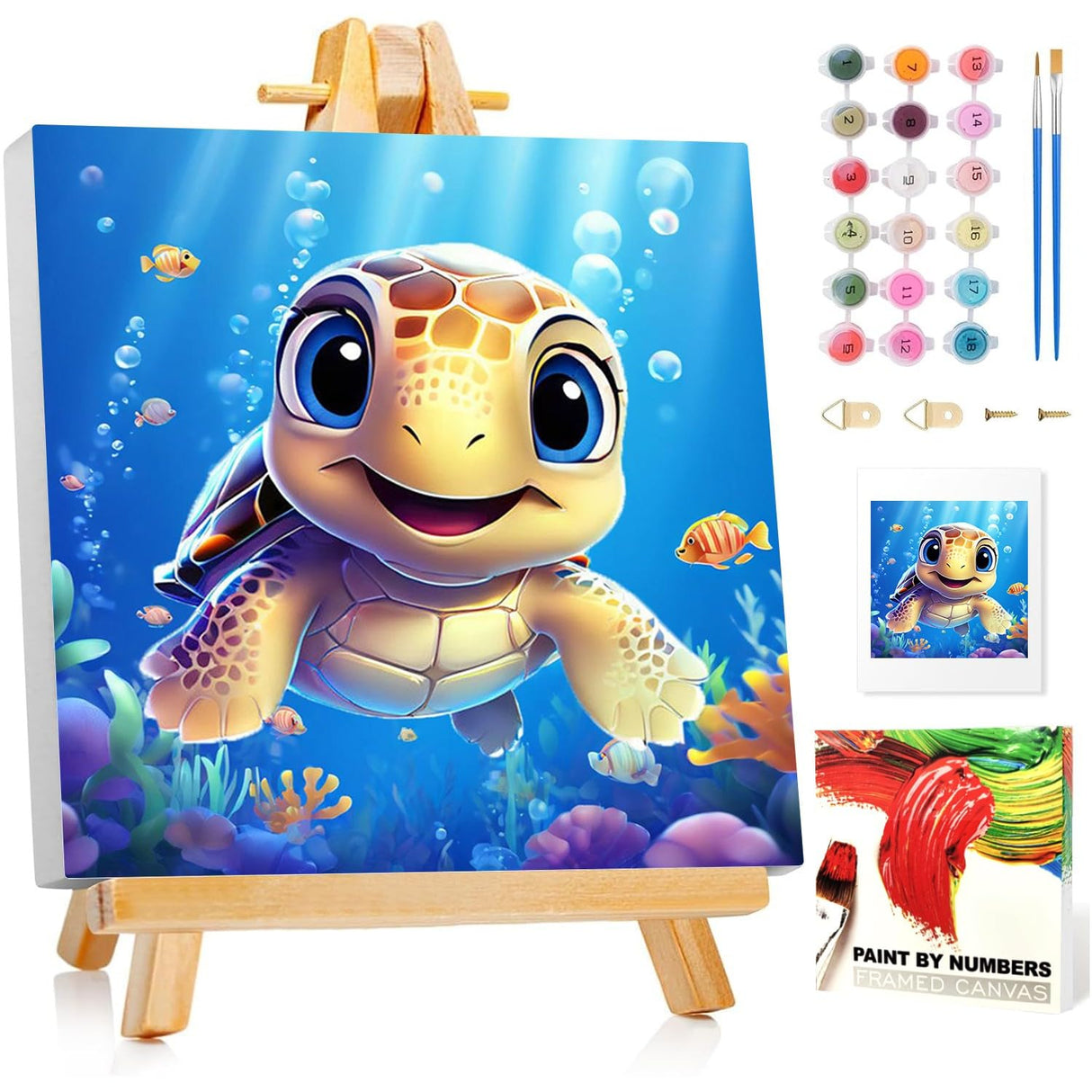 Reivworl Paint by Numbers Kit for Kids with Frame, Sea Turtles Paint by Number with Frame, Paint by Number Kids Age 5-8-12 for Gifts and Home Decor (8X8Inch) Reivworl