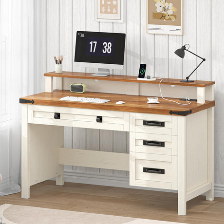 YOMILUVE Farmhouse Executive Desk with Drawers, 47" Computer Desk with Power Outlets, Home Office Desk with Monitor Stand & 4 Drawers, Small Desk Writing Study Table, Antique White YOMILUVE