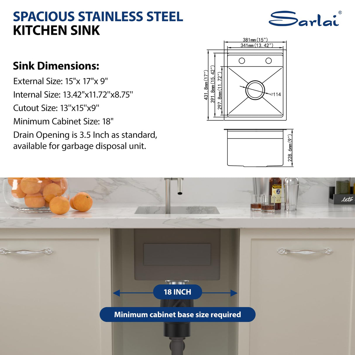 Sarlai Outdoor Sink, 15x17 Inch Undermount Kitchen Sink Workstation with Foldable Faucet Bar Prep Sink Single Bowl Kitchen Sinks 16 Gauge Stainless Steel Sink with Cover,BBQ Sink Outside Sarlai