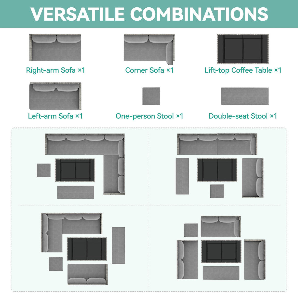 YITAHOME Patio Wicker Furniture Set, Outdoor Sectional Sofa with Stools and Lift-Top Coffee Table 6-Piece, All-Weather Conversation Set for Garden, Backyard, Grey YITAHOME