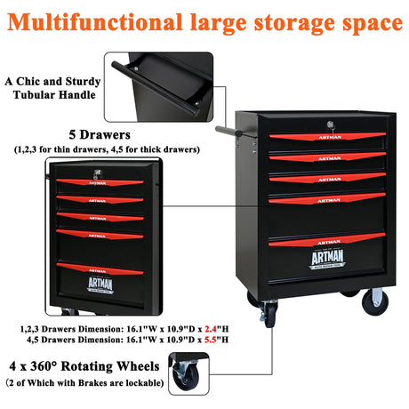 nifoti 5 Drawers Tool Cart on Wheels, Multifunctional Rolling Tool Chest Tool Storage, Drawers Rolling Tool Trolley Organizer Tool Case for Warehouse, Garage, Workshop, Repair Shop (5 Drawers-30.5"H) nifoti