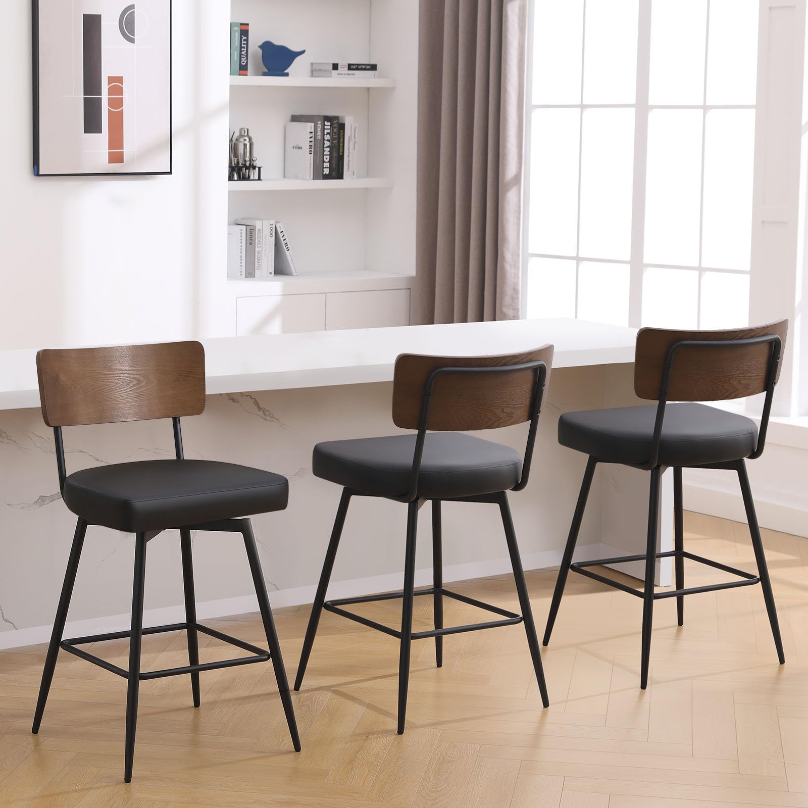 Bekrvio Counter Height Swivel Bar Stools Set of 3, Upholstered Faux Leather Barstools with Wood Backs and Metal Legs, 26" Seat Height Counter Bar Stool for Kitchen Island, Black - WoodArtSupply