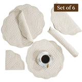 BALAPET Quilted Placemats Set of 6, 100% Cotton 14" Table Mats Farmhouse Style, Reversible Round Tabletop with Scalloped Edges for Kitchen Dinner Party Holidays, Natural, Machine Washable BALAPET