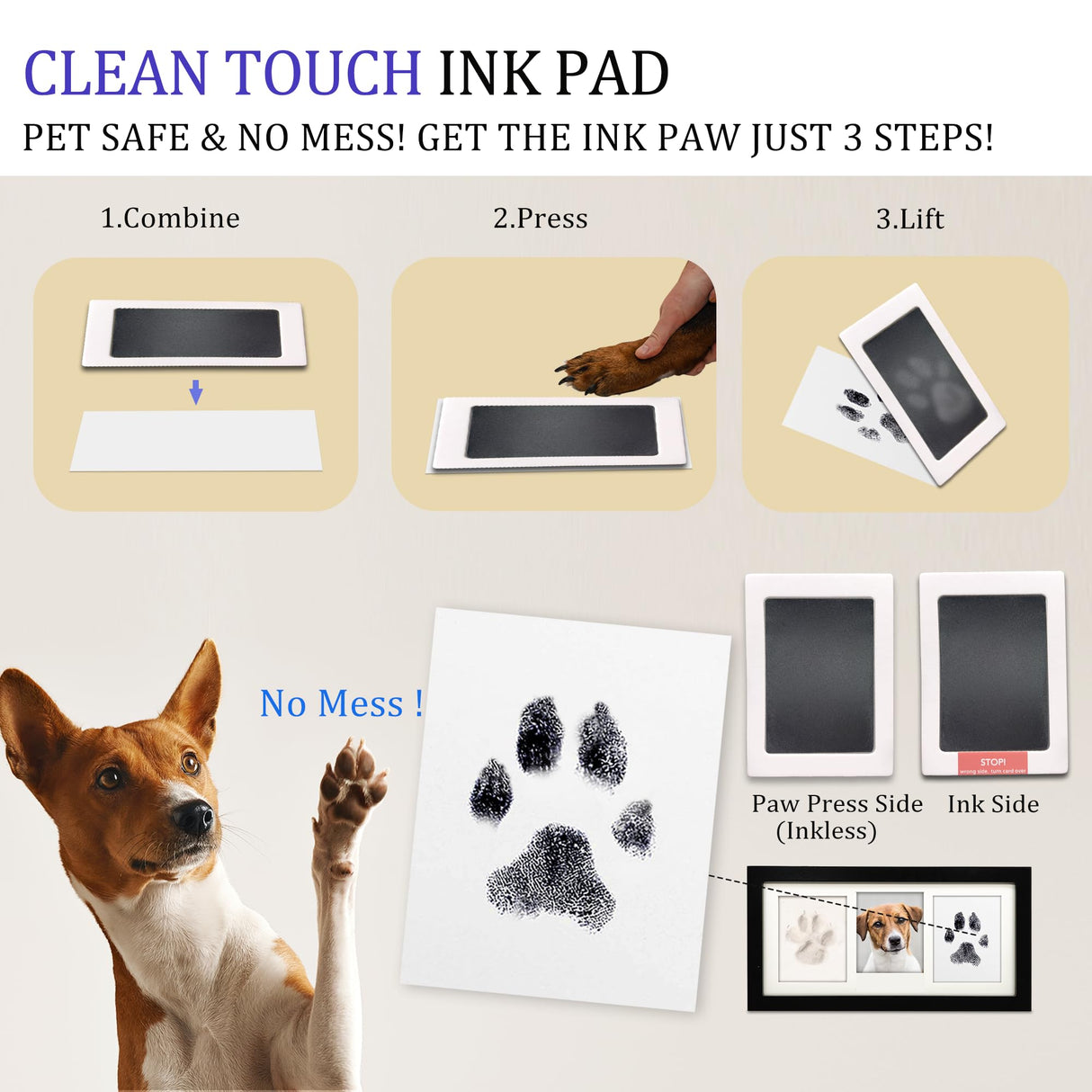 MYPAWLETS Paw Print Frame Kit,Dog/Cat Paw Print Kit,Soft Pawprint Clay&Clean Touch Ink Pad,Pet Paw Print Impression Kit with Customization Tool,Wooden Pet Memorial Frame,DIY Dog Lover Gifts-Black MYPAWLETS