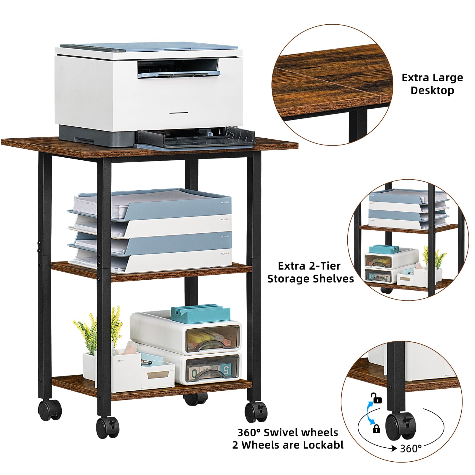 Lerliuo 3-Tier Printer Stand, Industrial Mobile Printer Table with Storage Shelf and Steel Frame, Rolling Printer Cart Holder with Lockable Wheels for Home, Office (Brown) - WoodArtSupply