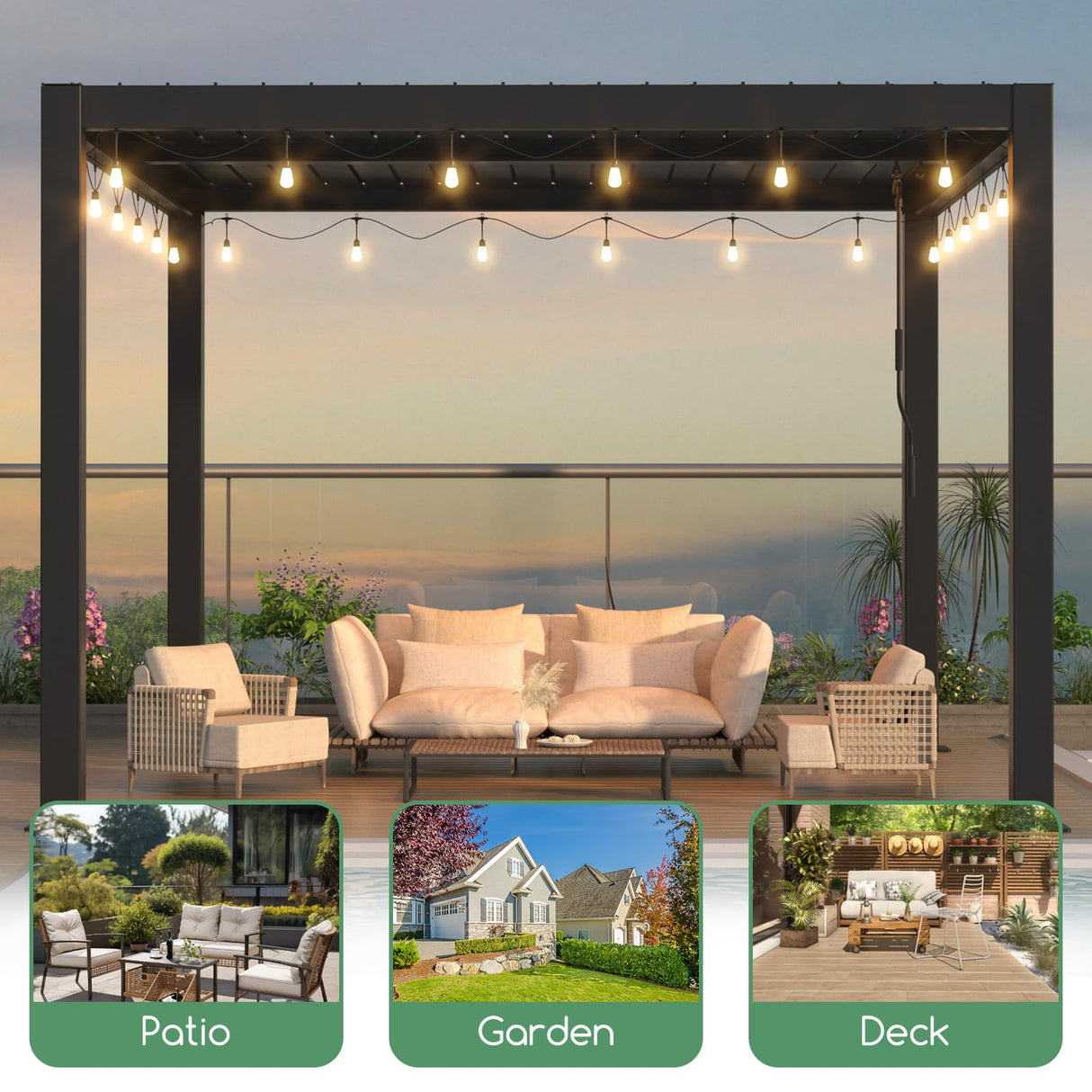 LVUYOYO Outdoor Louvered Pergola 10' x 10' with LED String Lights, Aluminum Pergola with Adjustable Roof, Waterproof Metal Gazebo for Patio, Backyard, Garden, Deck (10x10FT with Lights) LVUYOYO