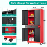 Metal Storage Cabinet with Wheels and Drawer,Rolling Garage Storage Cabinet with Lock,Black Red Metal Cabinet with Wheels,73" Mobile Tall Large Storage Cabinet on Wheels for Home,Office,Garage,Shop SISESOL