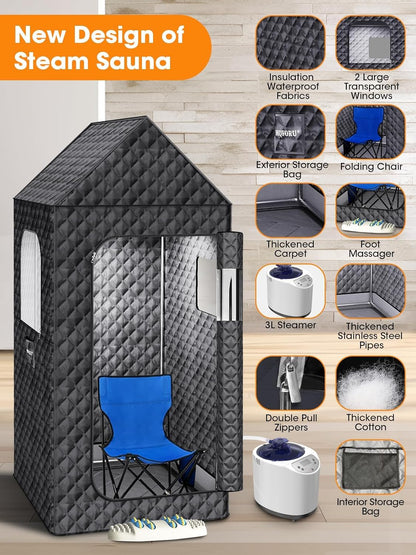 Portable Sauna Box for Home, XL Personal Steam Sauna Tent at Home Spa, Large Indoor Sauna Relaxation Room with 3L & 1200W Steamer, Remote Control, Chair, Mat, Foot Massager (6.4Ft*3Ft*3Ft, Black)