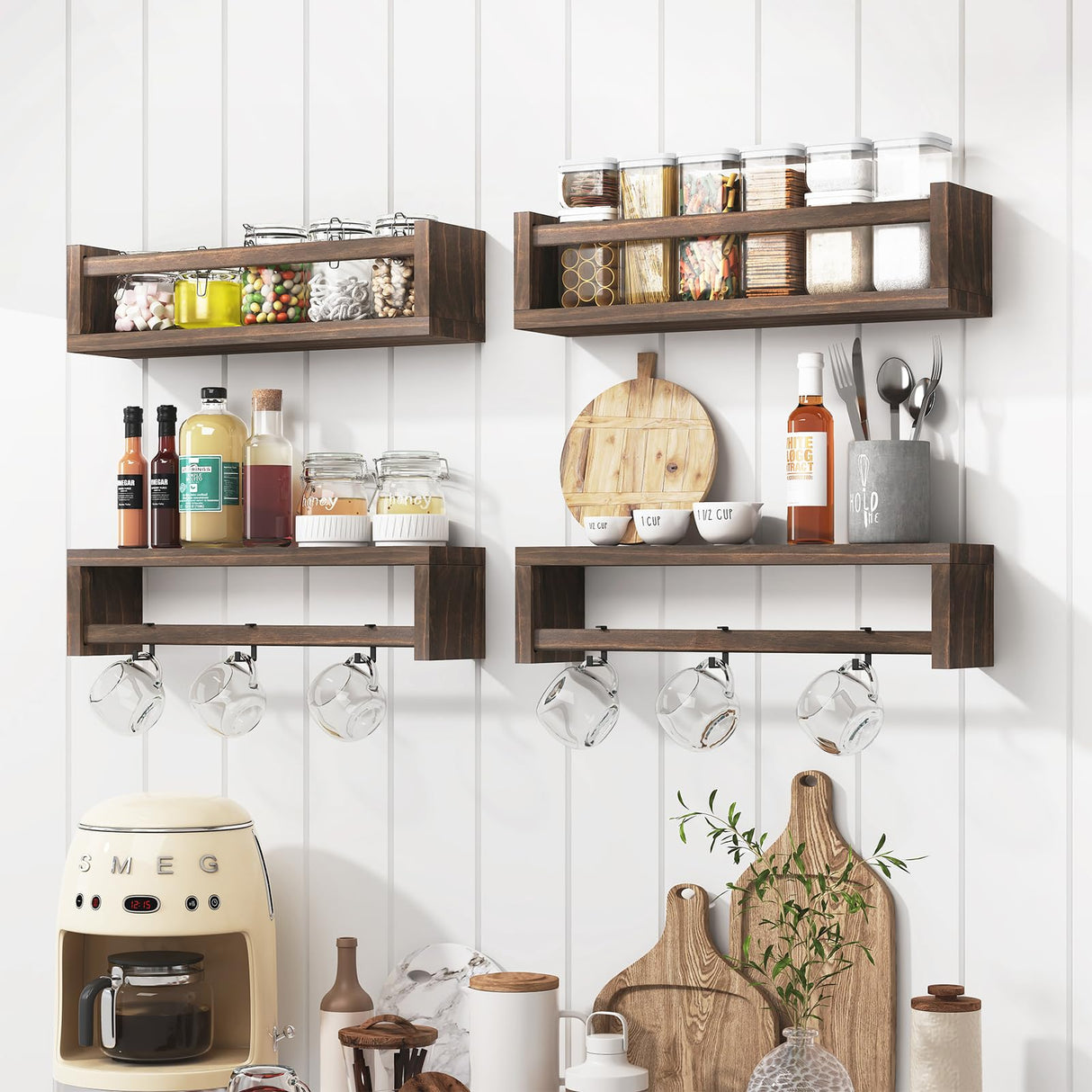 Fixwal Nursery Book Shelves, 16.5 Inch Floating Bookshelves for Nursery and Playroom Decor, Set of 4, Solid Wood Wall Mounted Shelves for Books and Toys Storage (Brown) Fixwal