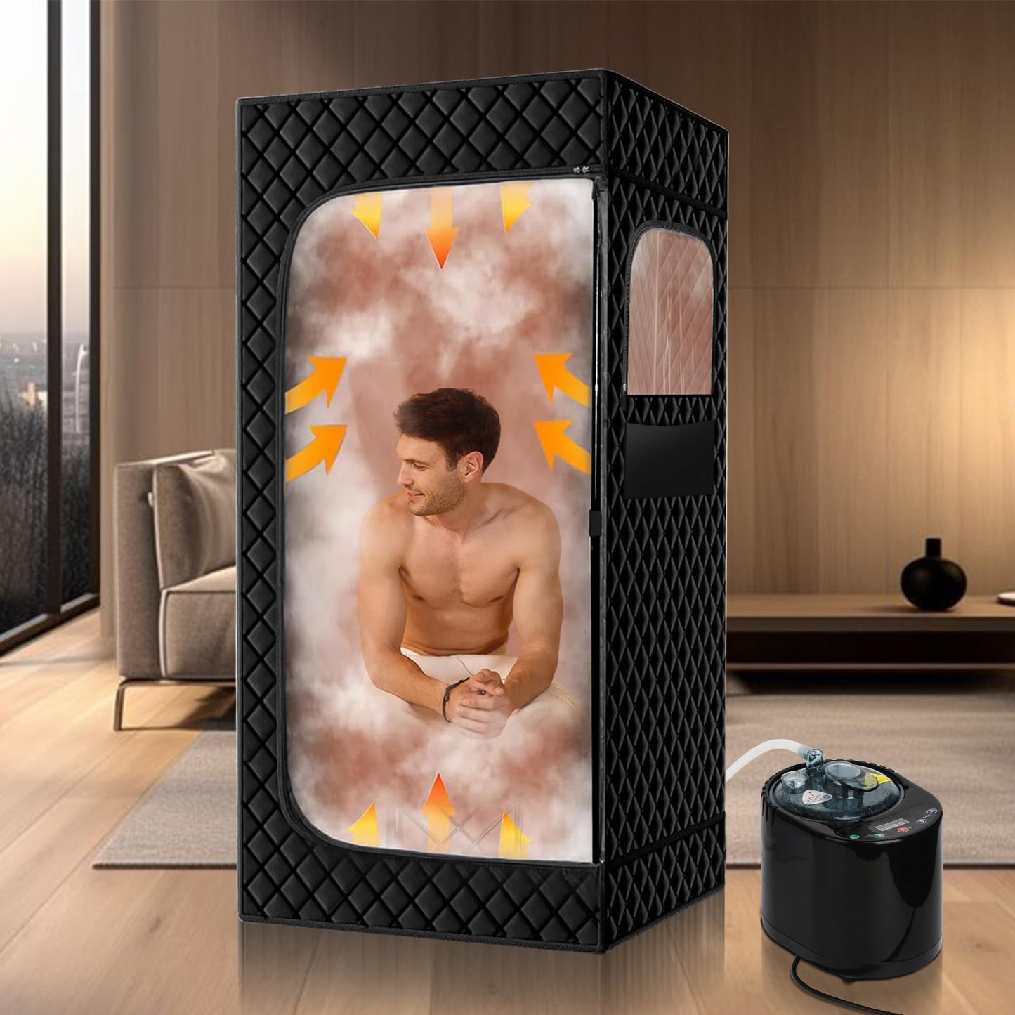 Ramarmro Portable Steam Sauna，3'x 3' x 5.9' Full Body Sauna Box for Home, Sauna Tent Sauna Box with 3L 1500W Steamer, 9 Levels, 99 Minute Timer with Remote Control, Foldable Chair with Side Pocket