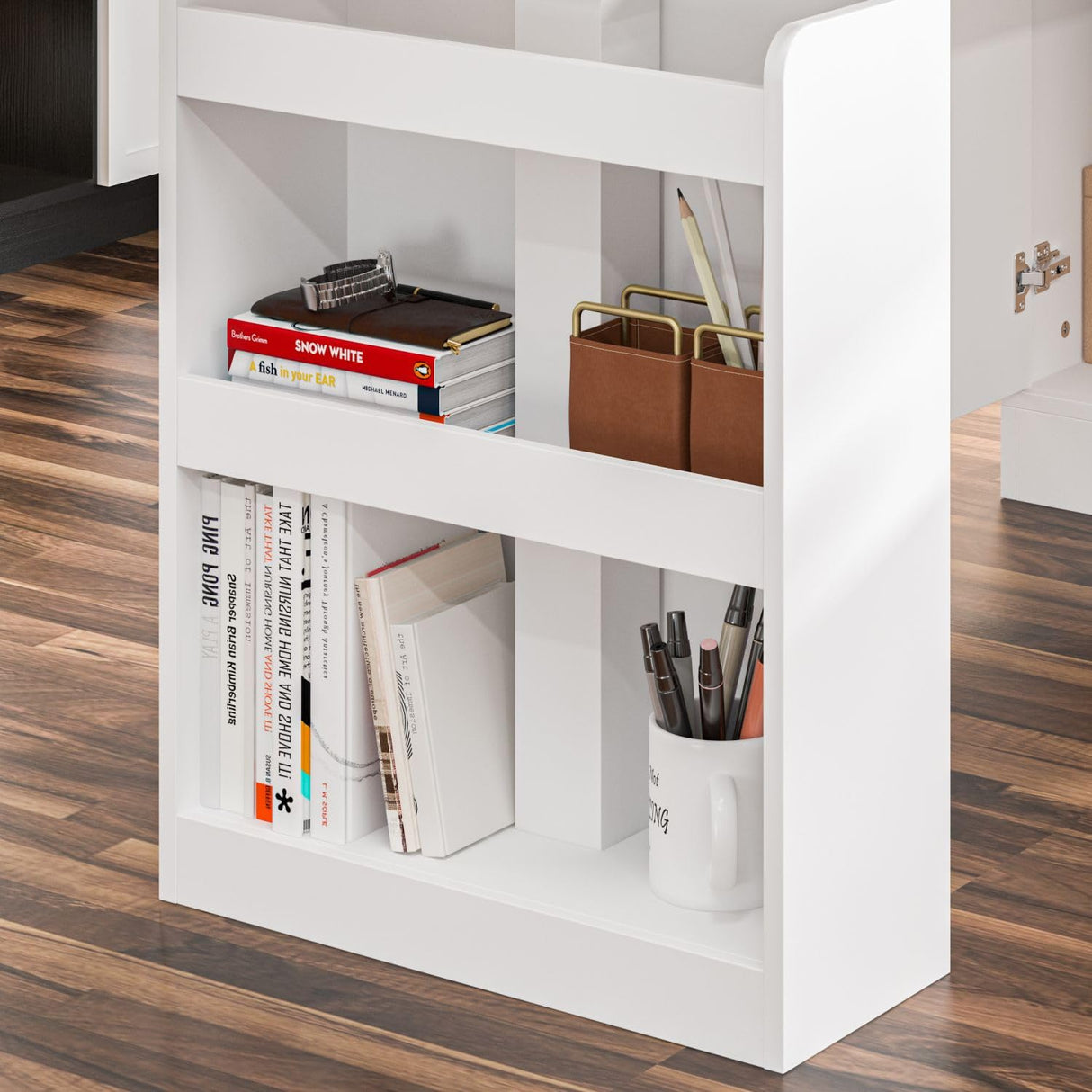 MOUMON L Shaped Standing Desk with Drawers and Shelves, Executive Desk Adjustable Height Desk, L-Shaped Design, 63 inch Tabletop, for Office Bedroom Oak and White (63”W x 63”D x 28.5-45.3”H) MOUMON