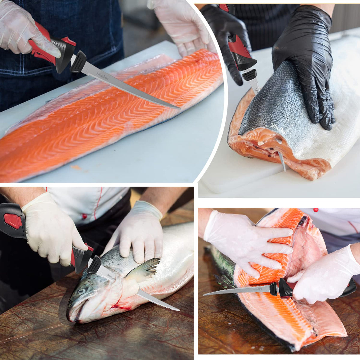 Mershca Cordless Electric Fillet Knife, with 5 Ti-Nitride S.S. Coated Non-Stick Reciprocating Blades & Cooling Hole Non-Slip Grip Handle & Practical handbag, Rechargeable Electric Knife for Fishing Mershca