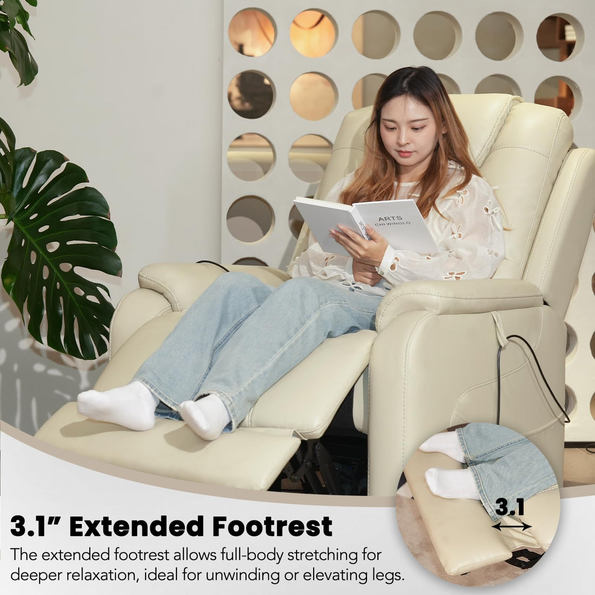 EONIX Triple Motor Lay Flat Power Lift Recliner Chair for Elderly with Massage, 400lbs Electirc Lift Chair for Living Room, Independent Adjustable Backrest Headrest, Extended Footrest, Cream White EONIX