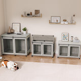 IchbinGo Large Dog Crate Furniture, 47" Wooden Dog Kennel with Sliding Barn Door, Flip-Top Lid & Wheels, Indoor Pet Crate Table with Detachable Divider for Small/Medium/Large Dogs (Rustic Grey) IchbinGo