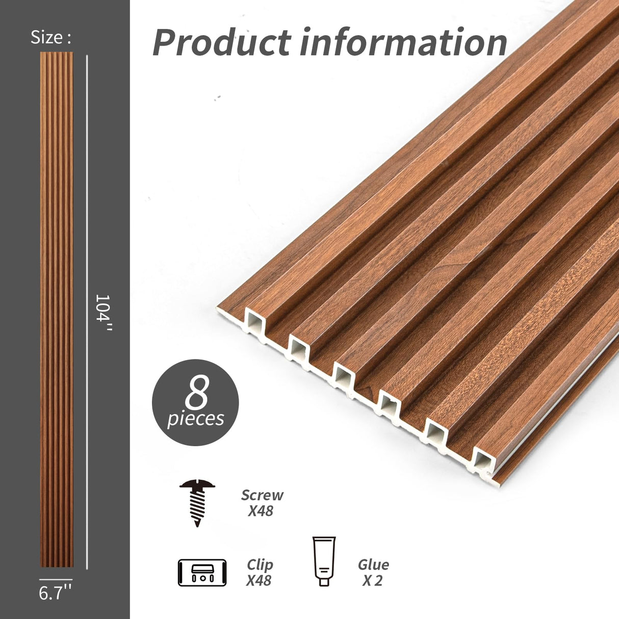 Art3dwallpanels 8 Pack Wood Slat Wall Paneling, 104'' x 6.7'' WPC Soundproof 3D Wall Panels for Interior Wall Decor, Fluted Textured Panel Wall Slats, Teak Art3dwallpanels