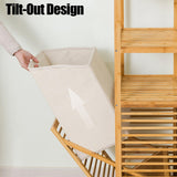 Bamboo Tilt-Out Laundry Hamper with Shelf & Removable Liner, 4 Tiers Freestanding Laundry Shelf Bathroom Storage Shelf Cabinet with Storage Basket for Bedroom Bathroom BuufuS