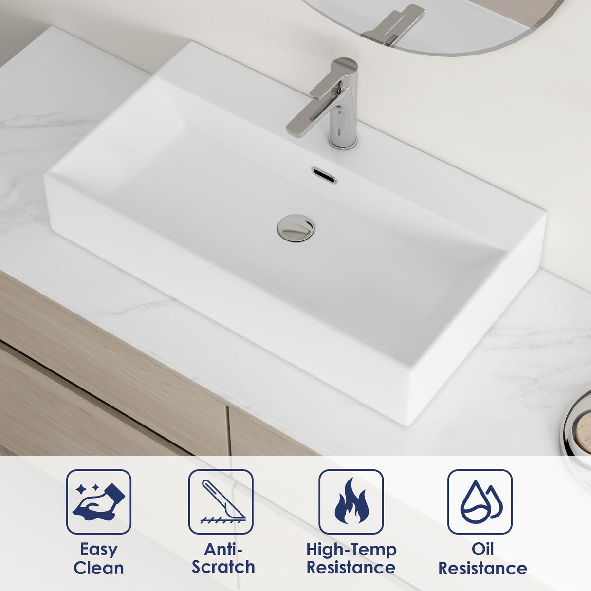 Eridanus Bathroom Sink 30" x 16" Rectangular Vessel Sink, Wall Mount Above Counter Vanity Sink, Premium Ceramic White Art Basin with Overflow, Lavatory Trough Floating Washbasin Eridanus