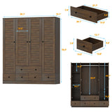 AGOTENI Armoire Wardrobe Closet with 4 Shutter Doors & 2 Hanging Rods, Wooden Clothing Storage Cabinet with 5 Drawers & Shelves for Bedroom, Brown Wood Grain, 19.1" D x 59.1" W x 70.5" H AGOTENI