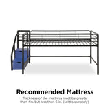 DHP Junior Twin Metal Loft Bed with Storage Steps, Multifunctional Space-Saving Solution - Black with Blue Steps DHP