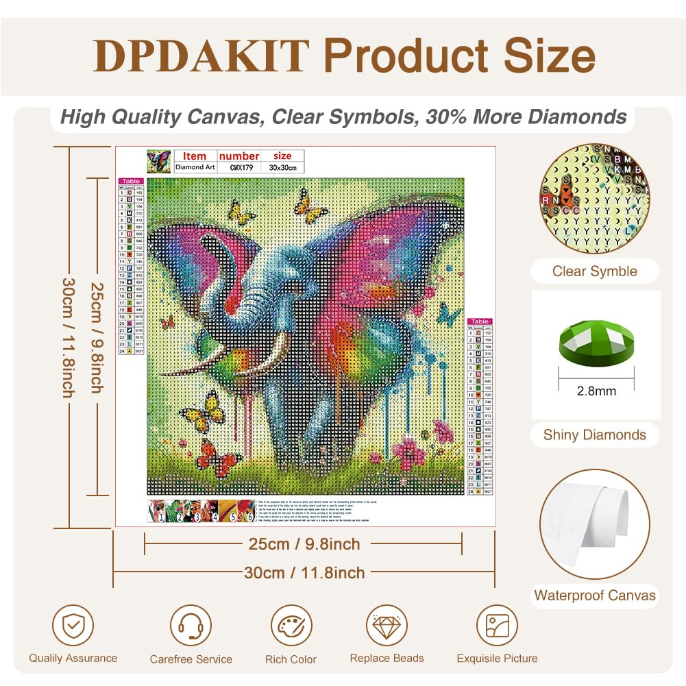 DPDAKIT Diamond Art Kits for Adults, Animal Elephant Diamond Painting Kits for Beginner, 5D DIY Butterfly Round Full Gem Art Crafts for Home Wall Decor Gift, 12x12inch DPDAKIT