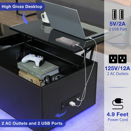 HOMMPA LED Coffee Table for Living Room Lift Top Coffee Tables with Power Outlet Black Morden Center Table with Storage Hidden Compartment High Gloss Lift Tabletop HOMMPA