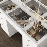 FUFU&GAGA Vanity Desk with Mirror and Bulb Lights, Large Makeup Vanity with Glass Top, Modern Dressing Table with 9 Drawers & Hidden Shelves for Bedroom, White, 43.3”W x 19.7”D x 53.6”H FUFU&GAGA