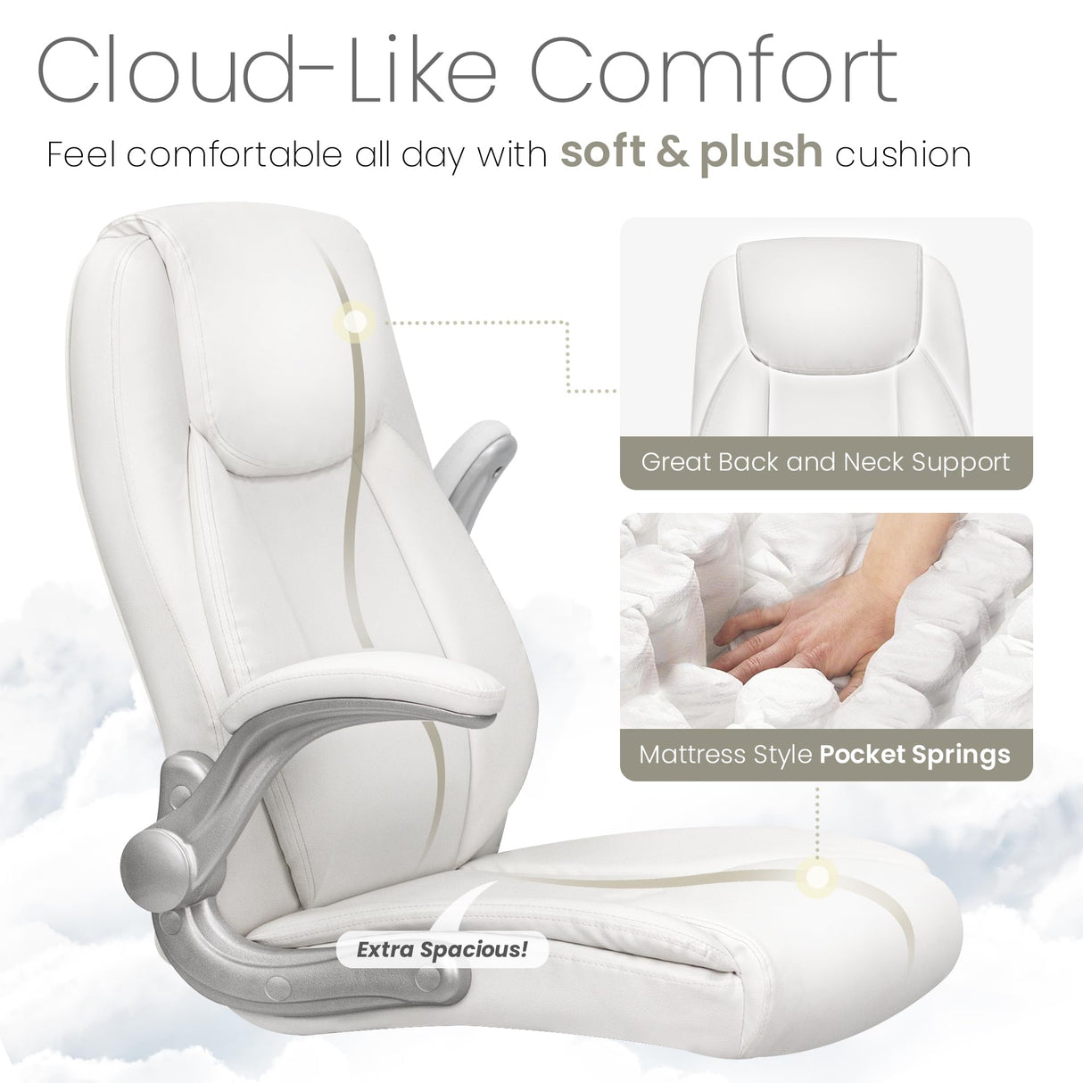 NEO CHAIR Ergonomic Office Chair PU Leather Executive Chair Padded Flip Up Armrest Computer Chair Adjustable Height High Back Lumbar Support Wheels Swivel for Gaming Desk Chair (White) NEO CHAIR