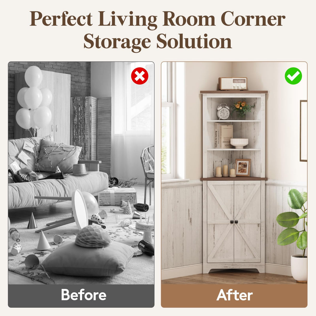 Lifewit Tall Corner Cabinet, Farmhouse Storage Cabinet with Barn Door Design & Adjustable Shelves, Home Space Saver for Bathroom, Living Room, Rustic White Lifewit