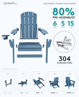 SERWALL 5-Piece Adirondack Chair and Ottoman and Table Set, HDPE Weather Resistant Adjustable Backrest Adirondack Chair with Ottoman and Side Table, Navy SERWALL