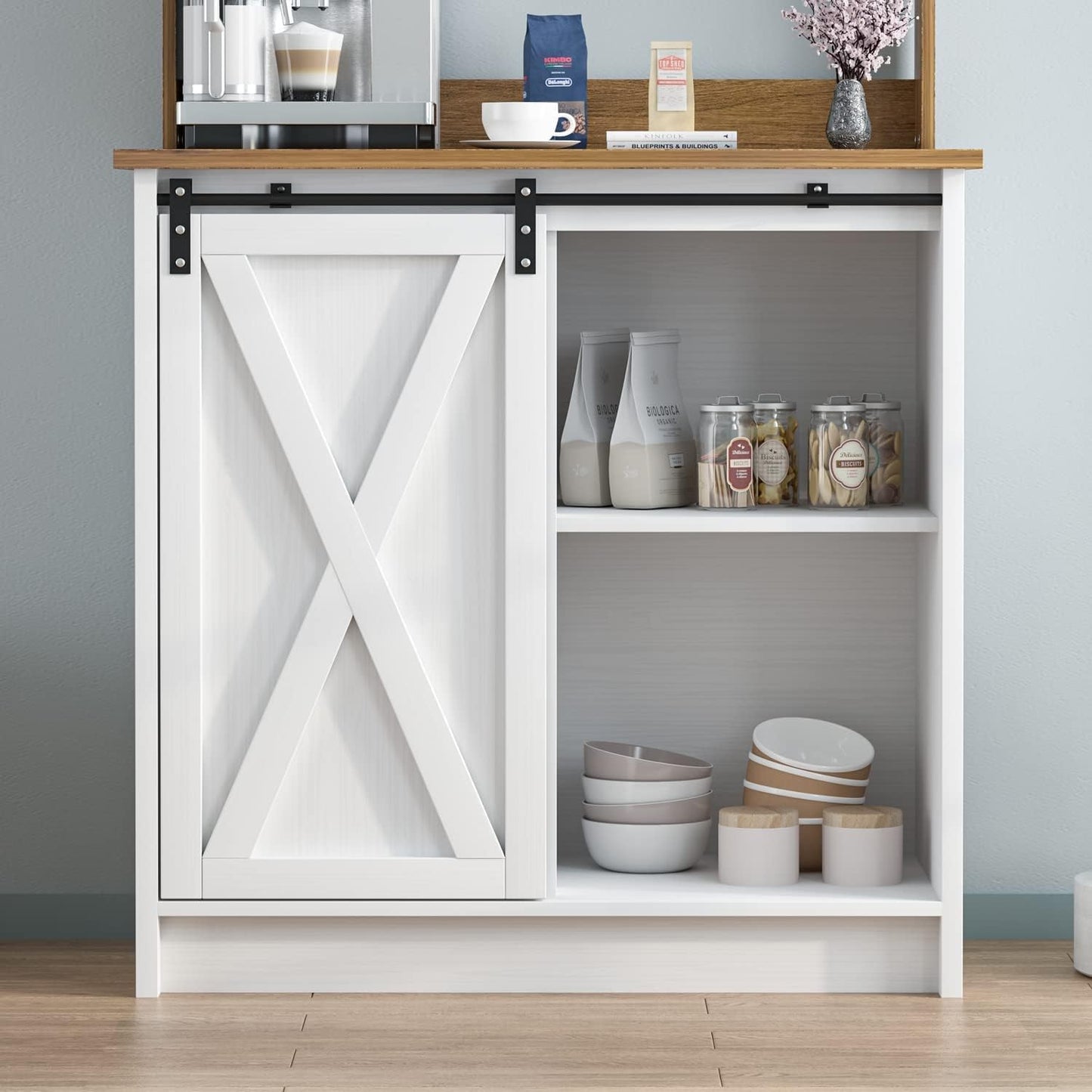 4ever2buy Farmhouse Coffee Bar Cabinet with 6 Hooks, White Coffee Bar Hutch with Storage, 50 Inch Buffet Cabinet with Sliding Barn Door, Coffee Bar Table with Adjustable Shelves for Living Dining Room