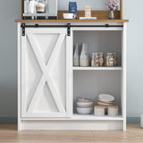 Farmhouse Style Coffee Bar Cabinet with Sliding Barn Door and 6 Hooks - 50 Inch White Buffet Storage 4ever2buy
