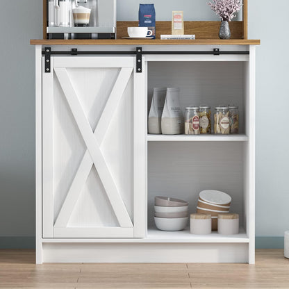 4ever2buy Farmhouse Coffee Bar Cabinet with 6 Hooks, White Coffee Bar Hutch with Storage, 50 Inch Buffet Cabinet with Sliding Barn Door, Coffee Bar Table with Adjustable Shelves for Living Dining Room