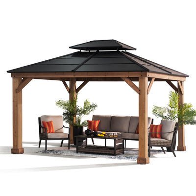 Sunjoy Hardtop Gazebo 11’ x 13’ Outdoor Cedar Framed Wood Gazebo with Black Double Steel Hardtop Roof Permanent Canopy for Garden, Backyard Shade…