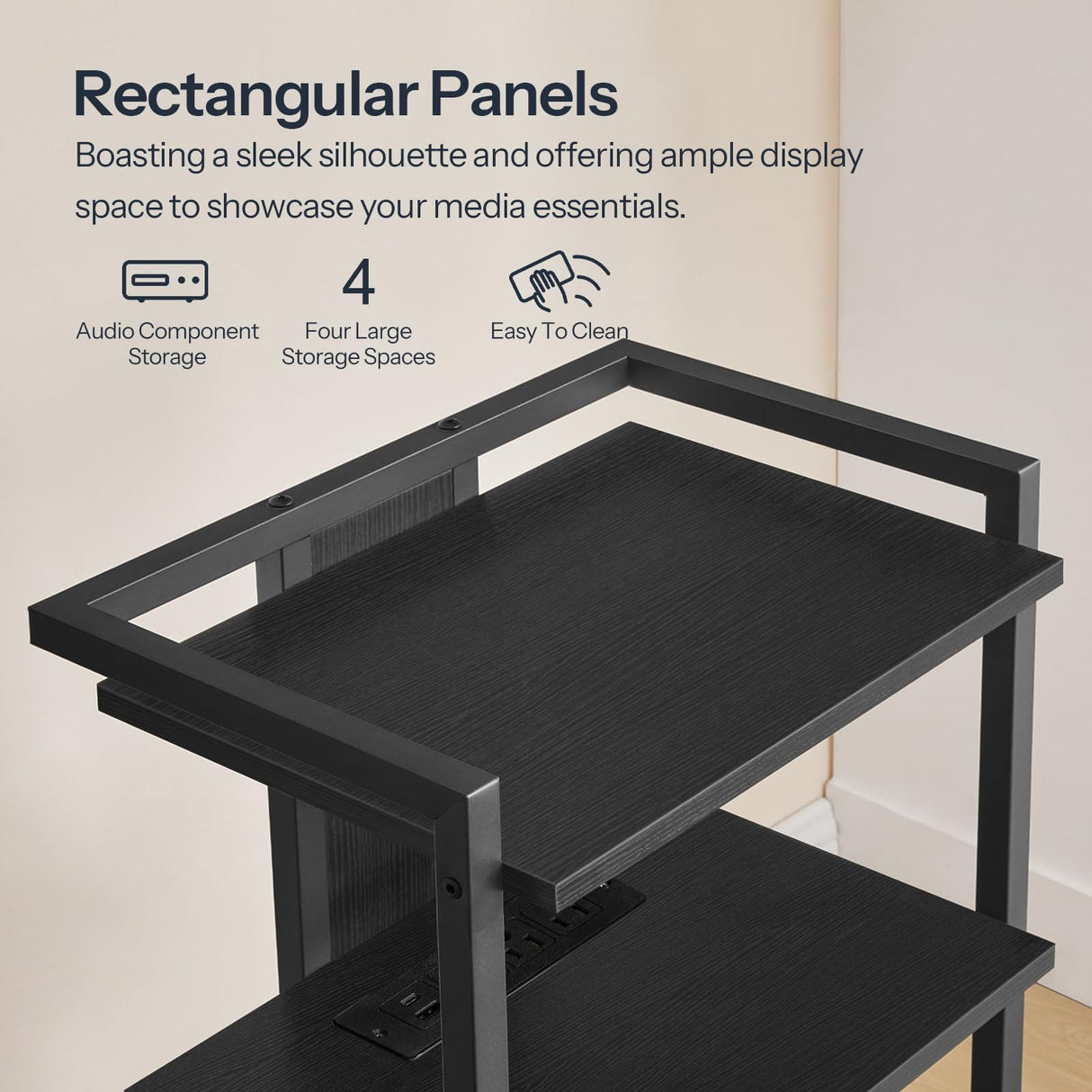 HOOBRO 4-Tier AV Media Console With Charging Station and LED Light, Wooden Stereo Cabinet, Corner TV Stand, Record Player, Entertainment Device, Black BB38UDCJ01 HOOBRO