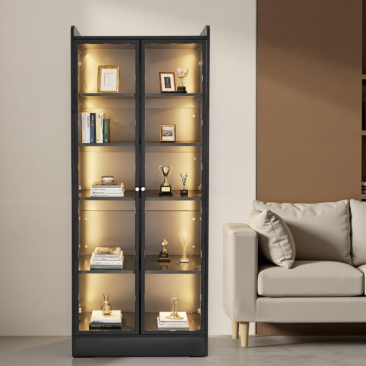 VEVOR Display Cabinet with Doors, 67 in Tall Lighted Display Case with 2 Adjustable Shelves, 5-Tier Curio Collectibles Storage Cabinet, Bookshelf Bookcase for Pantry Bedroom Living Room Office VEVOR