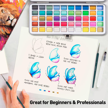 Watercolor Paint Set 100 Colors botkc Travel Water Colors kit with 7 Brushes 8 Watercolor papers Palette set Including Metallic and Accessories Art Supplies Gifts for Kids Artists Teens Adults and Hobbyists botkc