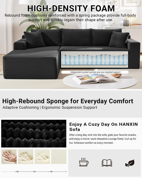 105 Inch Cloud Sectional Couch,Modern Modular Sectional Sofa with Deep Seat,Corduroy Boneless Couches with L-Shape Chaise for Living Room Bedroom,No Assembly Required (Black, Left Facing Chaise) HANXIN