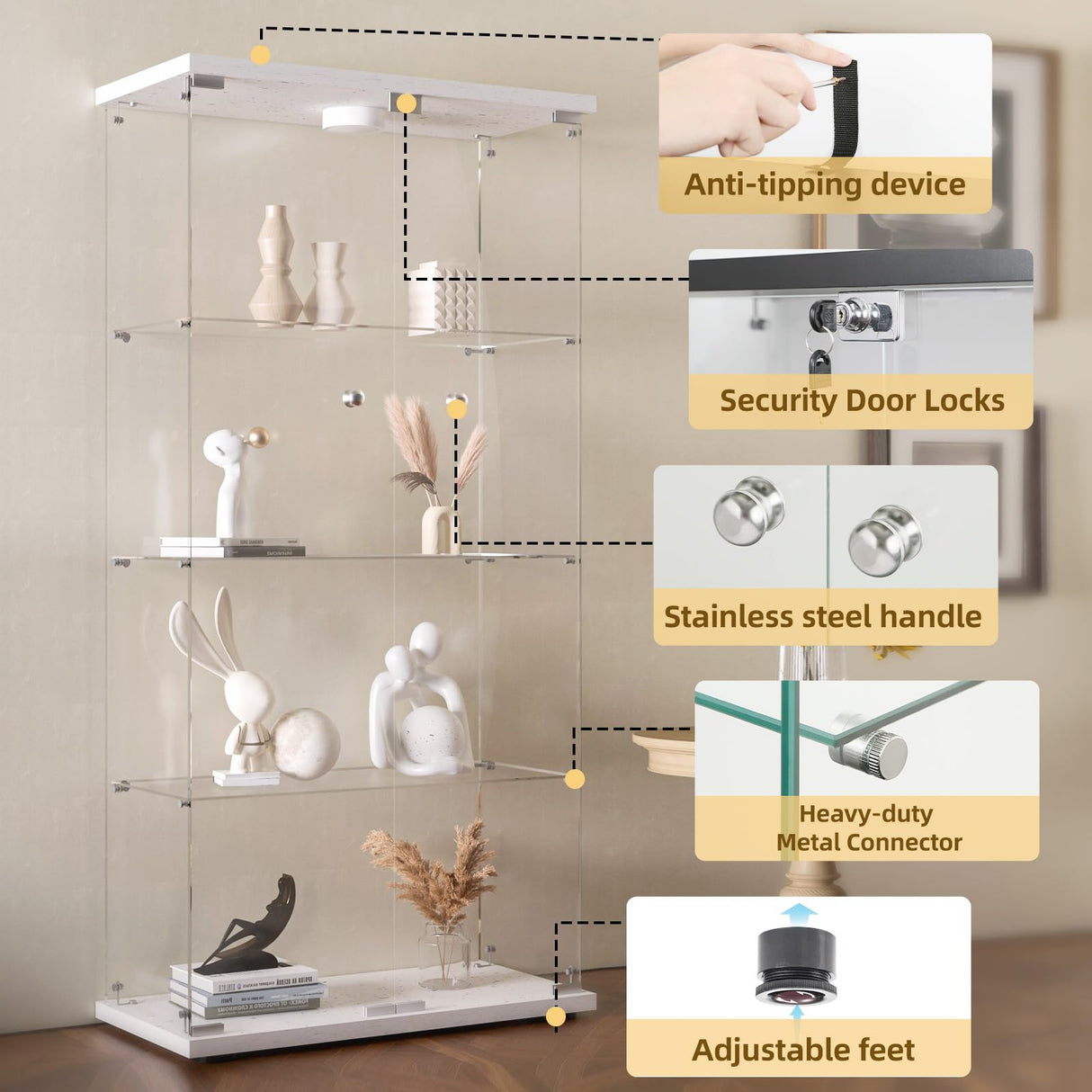 HAMBING Glass Display Cabinet 4 Shelves with Light and Lock, 2 Doors Trophy Curio Jewelry Cabinet Collection Display Showcase, for Bedroom, Office, HAMBING