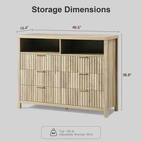 OAKHAM HOME 6 Drawer Dresser Fluted 6 Drawers Dresser Wood Modern Chest of Drawers with 2 Open Shelves, Wide Drawer Organizer Thickened Board Dresser TV Stand for Bedroom(Sunwashed Ash Oak) OAKHAM HOME