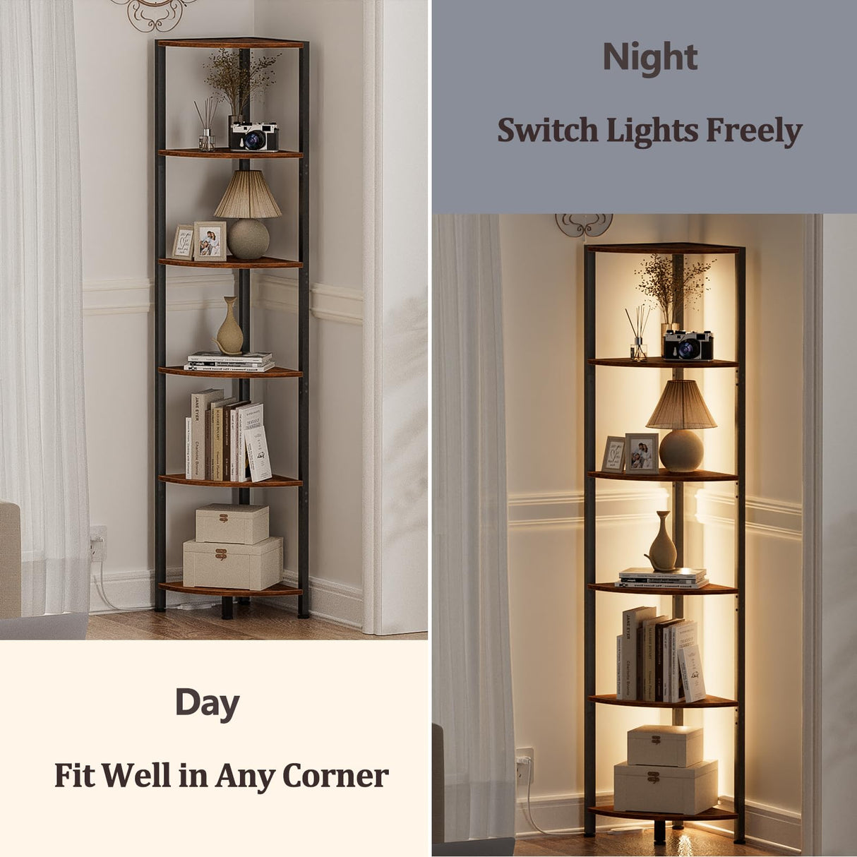 Furnulem 6-Tier LED Corner Shelf - 67.5” Tall Rustic Brown Storage & Display Unit Furnulem