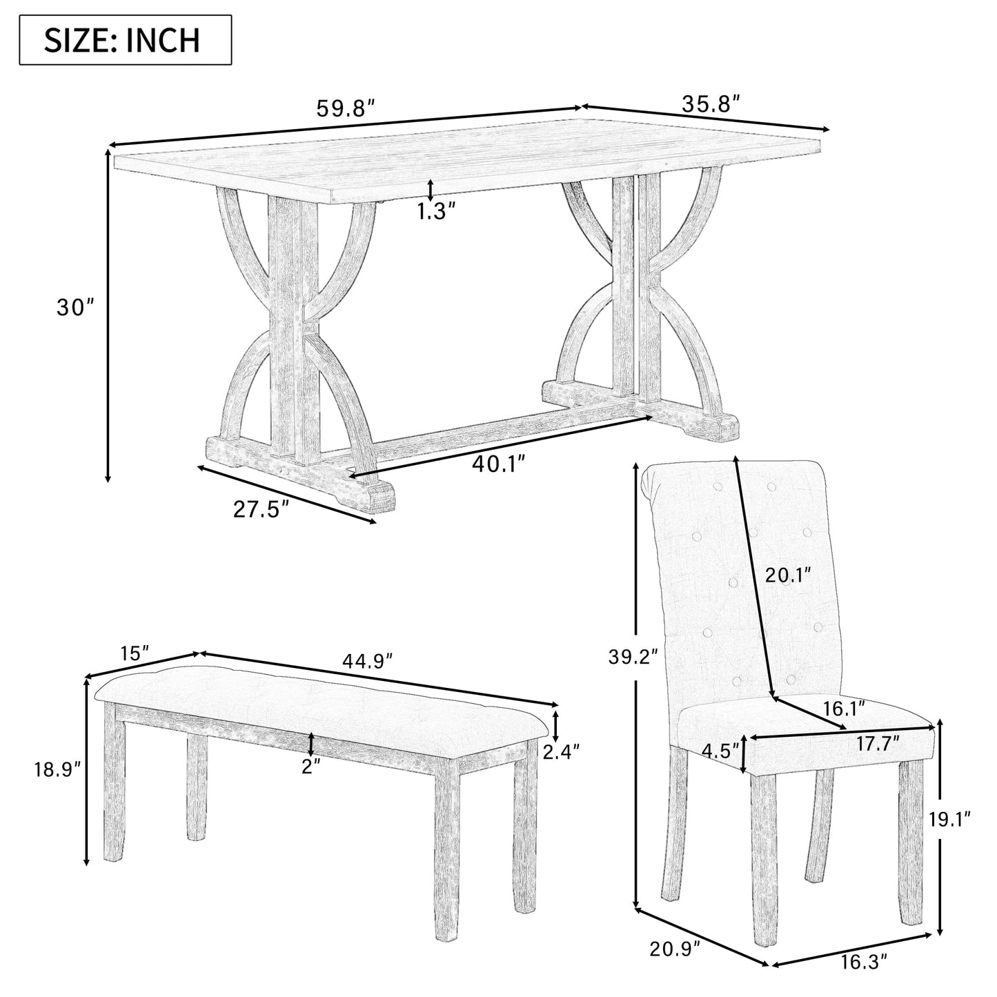 Merax 6 Pieces Wood Dining Table Set with Bench, Retro Rectangular Table with Unique Legs and 4 Upholstered Chairs & 1 Bench for Dining Room and Kitchen (Natural Wood Wash+Beige)