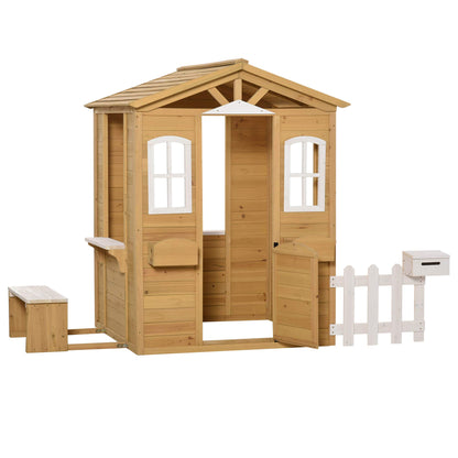 Outsunny Outdoor Playhouse for Kids Wooden Cottage with Working Doors Windows & Mailbox, Pretend Play House for Age 3-6 Years