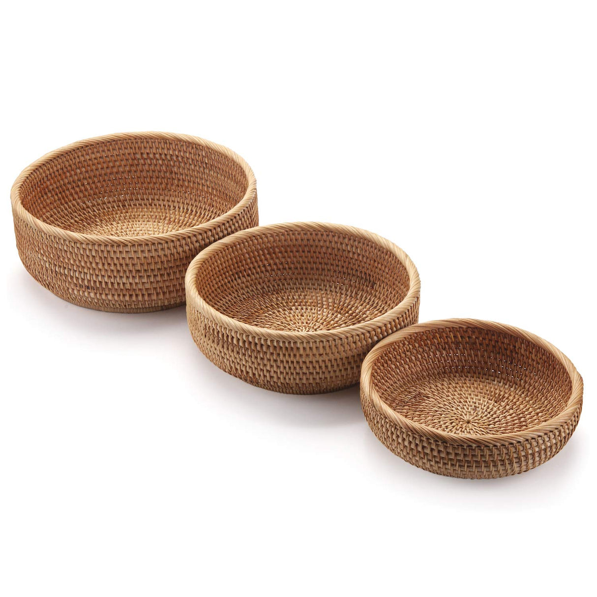 Round Rattan Fruit Baskets Woven Storage Bowls Key Holder Stackable for Shelf Kitchen Tabletop Natural Set of 3 DECRAFTS