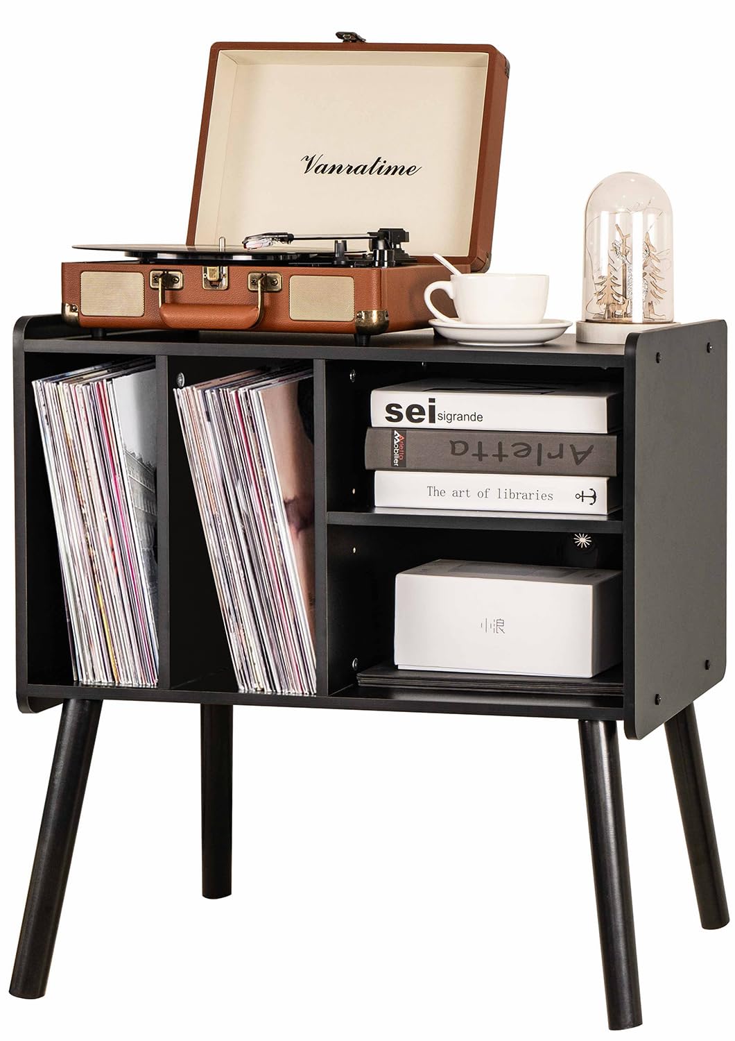 UODERS Record Player Table, Mid-Century Record Player Stand with Vinyl Storage Hold Up to 150+ Albums, Vinyl Record Cabinet with Adjustable Shelves, Wood Turntable Stand for Music Living Room (Black) UODERS