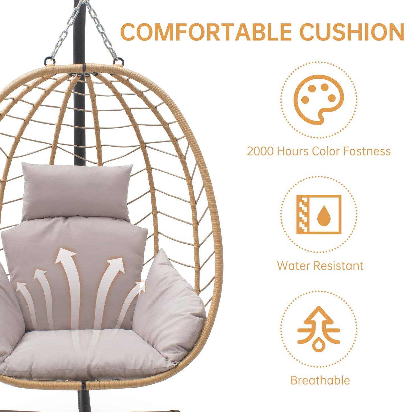 VARVIND Hanging Egg Chair with Stand Patio Hammock Swing Chair, Basket Wicker Rattan Adjustable Height UV Resistant Indoor Outdoor Use 350Lbs Beige Grey - WoodArtSupply