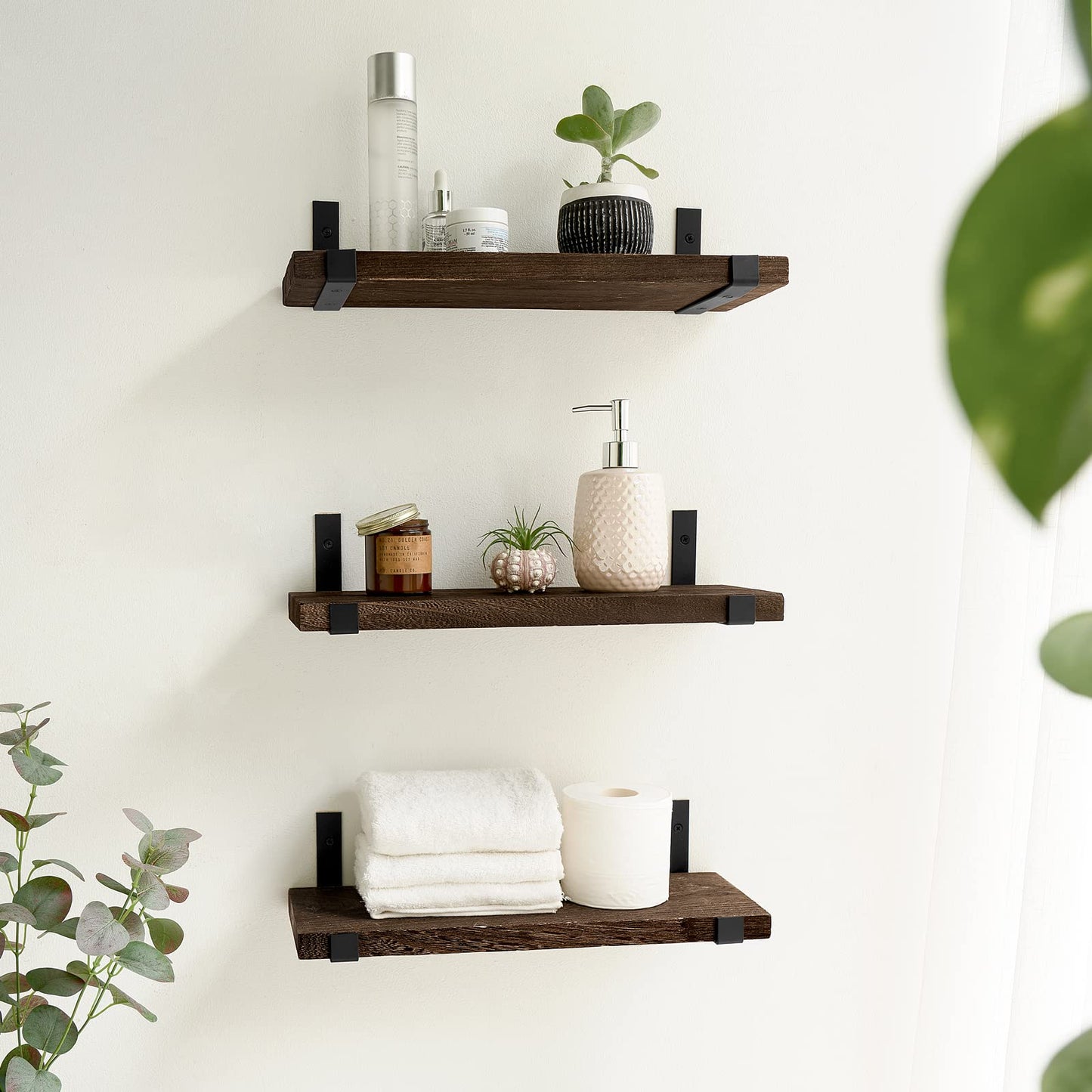 Mkono Rustic Wood Floating Shelves Wall Mounted Shelving Set of 2 Decorative Wall Storage Shelves with Lip Brackets for Bedroom, Living Room, Bathroom, Kitchen, Hallway, Office - WoodArtSupply