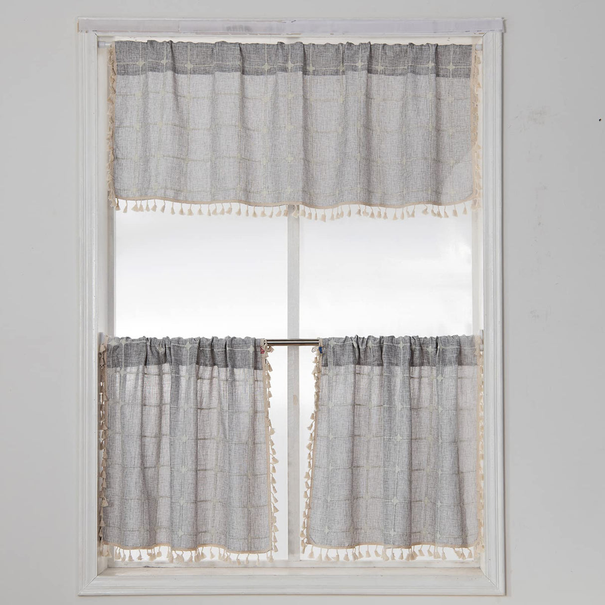 YoKii Boho Tassel Valances for Windows Modern Farmhouse Cotton Linen Valance Kitchen Curtains Topper Country Gingham Window Treatments Tier Curtain for Bathroom Bedroom Decors (W52 x L18, Gray) YoKii