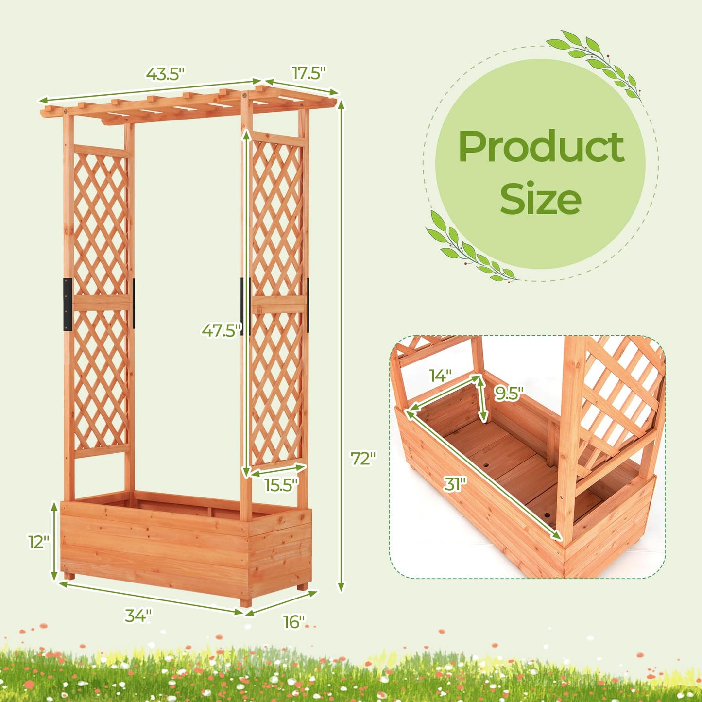 LDAILY Moccha Raised Garden Bed with Trellis, Wood Garden Planter with Hanging Roof, Drainage Holes, Freestanding Elevated Planter Box for Climbing Plants, Vines, Flowers, 43.5" x 17.5" x 72" - WoodArtSupply