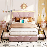 FORABAMB Full Size Bed Frame with 4 Drawers, Upholstered LED Bed Frame with Adjustable Flowers Headboard, Platform Bed Frame Full Size with Wooden Slats Support, No Box Spring Needed, Pink FORABAMB