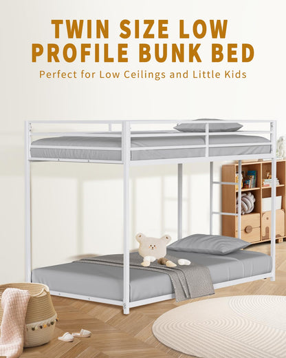 LifeSky White Metal Twin Over Twin Low Profile Bunk Bed with Side Ladder - WoodArtSupply